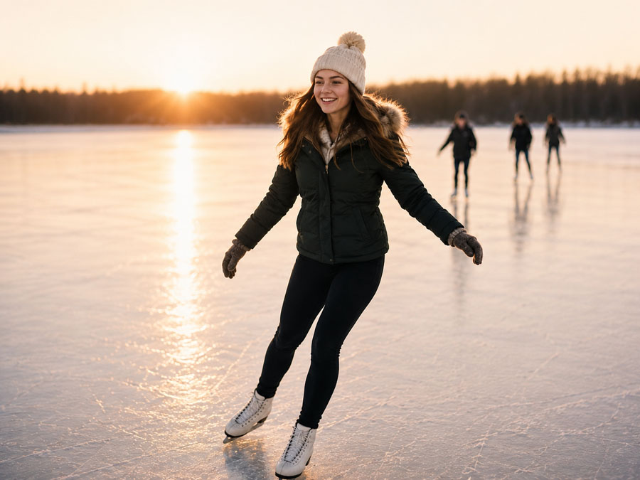 Ice skating on a frozen Muskoka lake at sunset